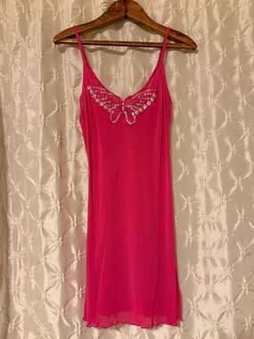VTG Y2K Rampage Hot Pink Mesh Sequin Butterfly Slip Dress Nightie Fairy Lingerie